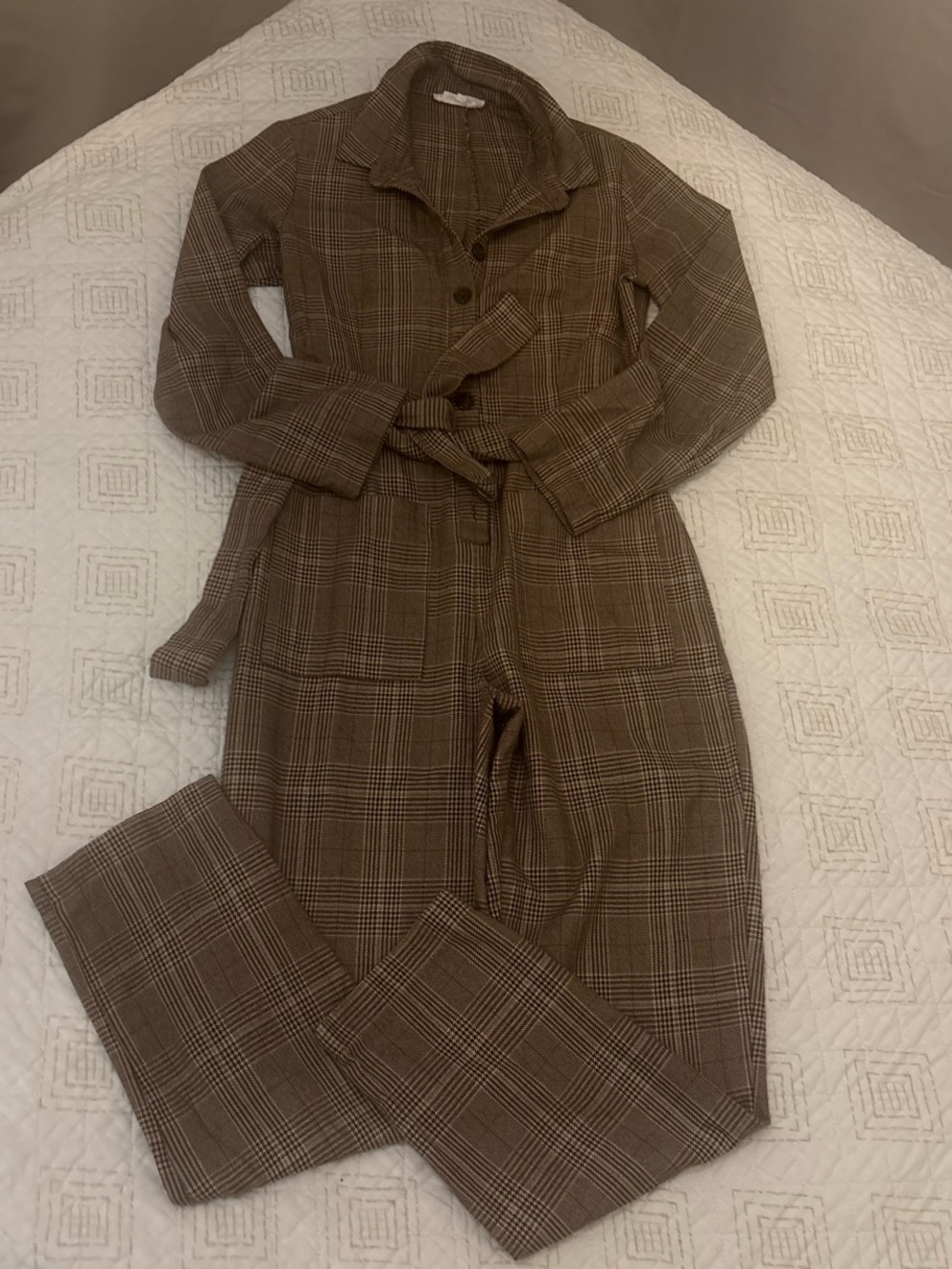NATIVE YOUTH Brown Plaid Button-Front Belted Jumpsuit